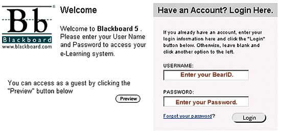 Blackboard login screen